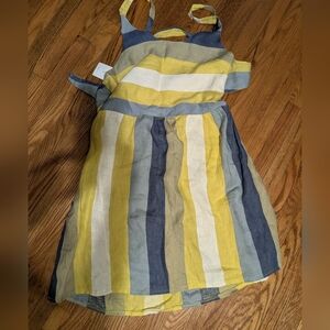 NWT Girl Linen Striped Dress in Yellow, Blue, and Cream, L, Made In Italy